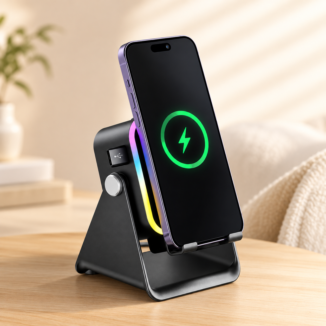 Black speaker stand illustrating wireless charging
