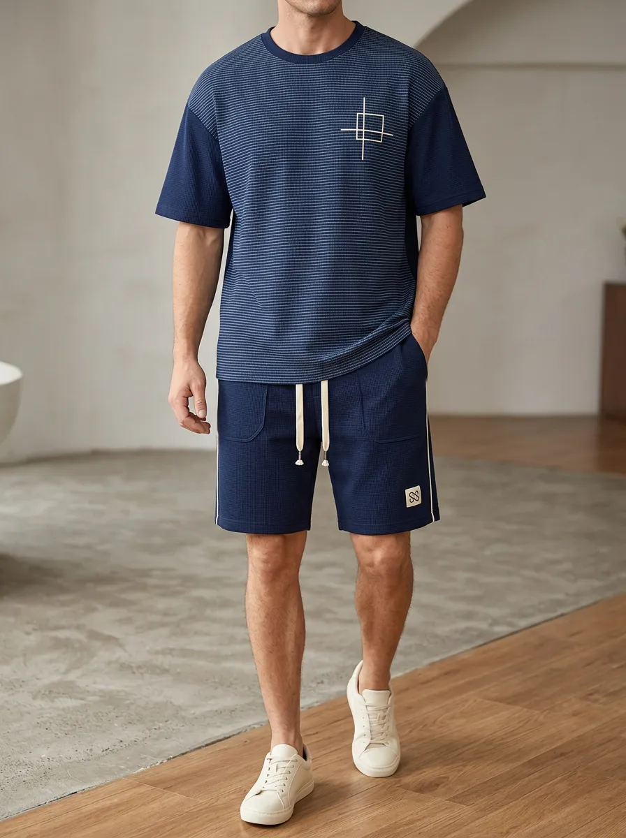 Classic Geometric Pattern Silhouette Men's T-Shirt And Shorts Set
