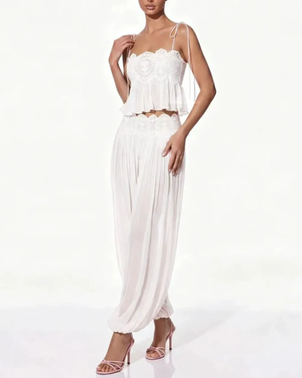 Slim Fit Ruffle Trim Open-Back Chiffon Set