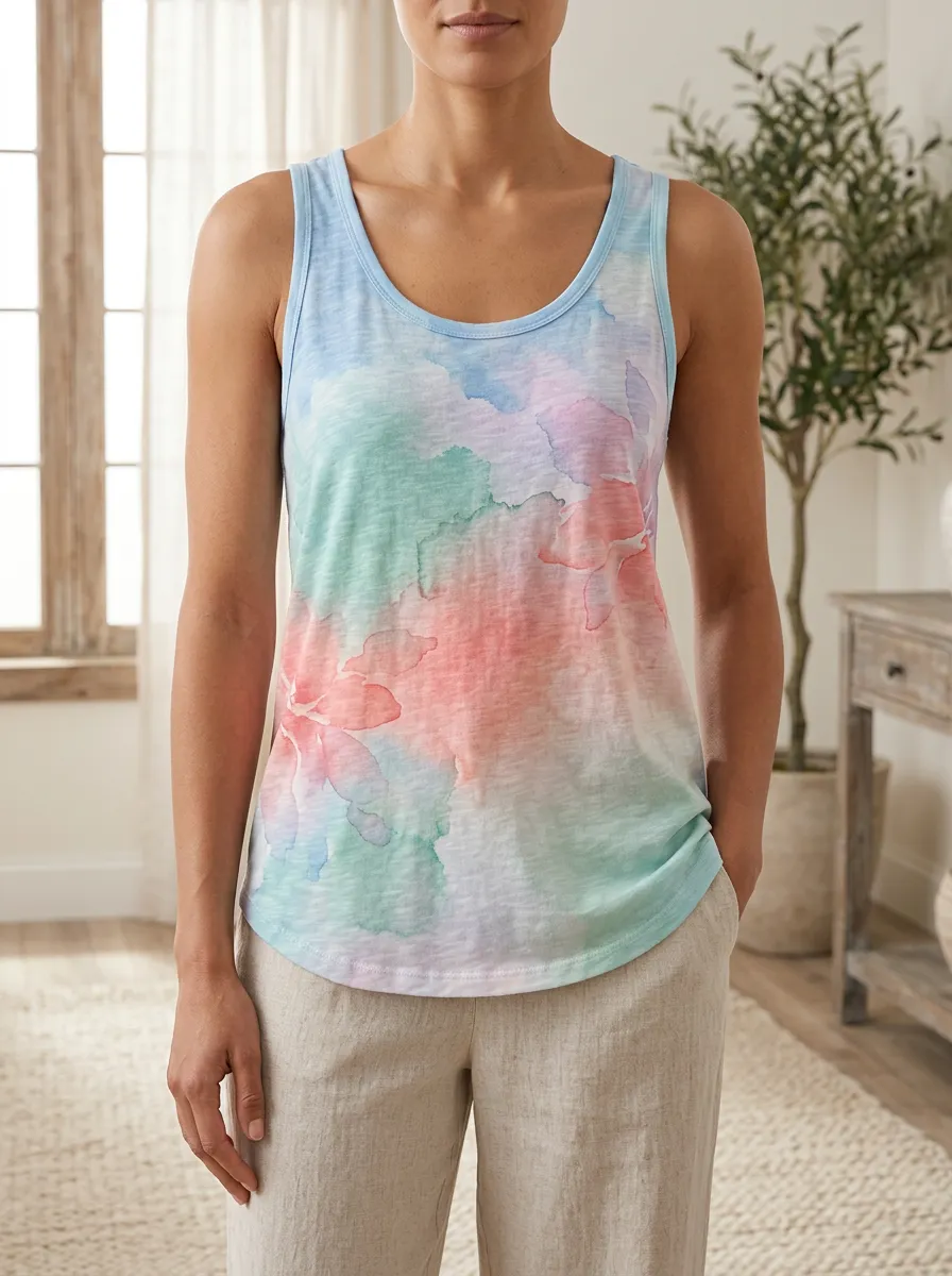 Women's Pastel Watercolor Floral Printed Tank Top