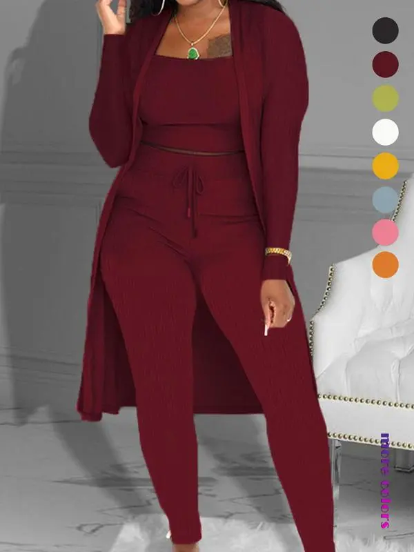 Women's Plain Long Sleeve Open Front Cardigan & Tie Front Leggings & Sleeveless Cropped Top Set, Casual Elegant Chic Fashion Cozy Breathable Women's Outfits for Fall, Ladies Fall Co-ord Sets, Clothes