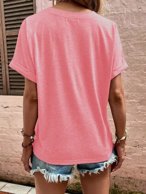 Refined V-Neck Collared Short-Sleeve Button-Detail T-Shirt