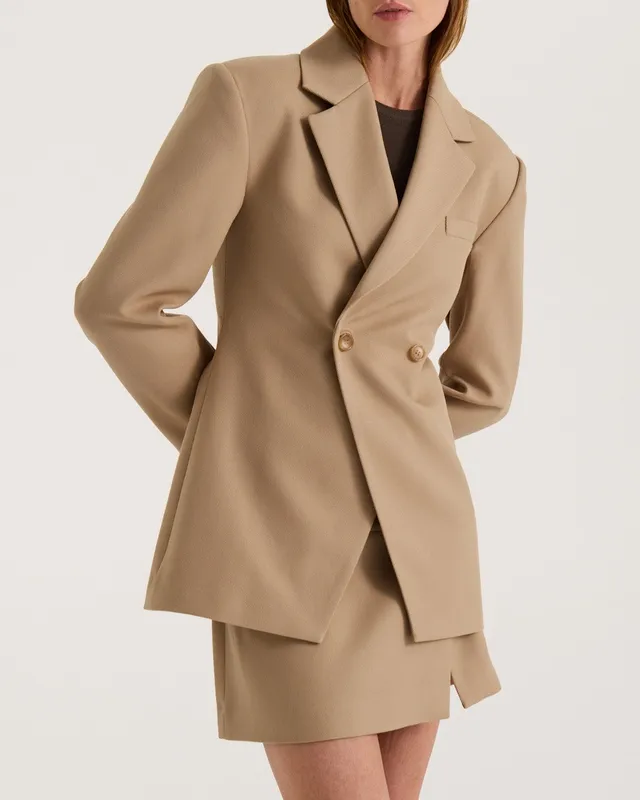 Beige Double-Breasted Twill Blazer