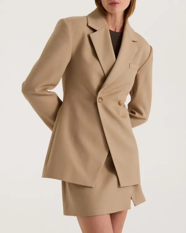 Beige Double-Breasted Twill Blazer