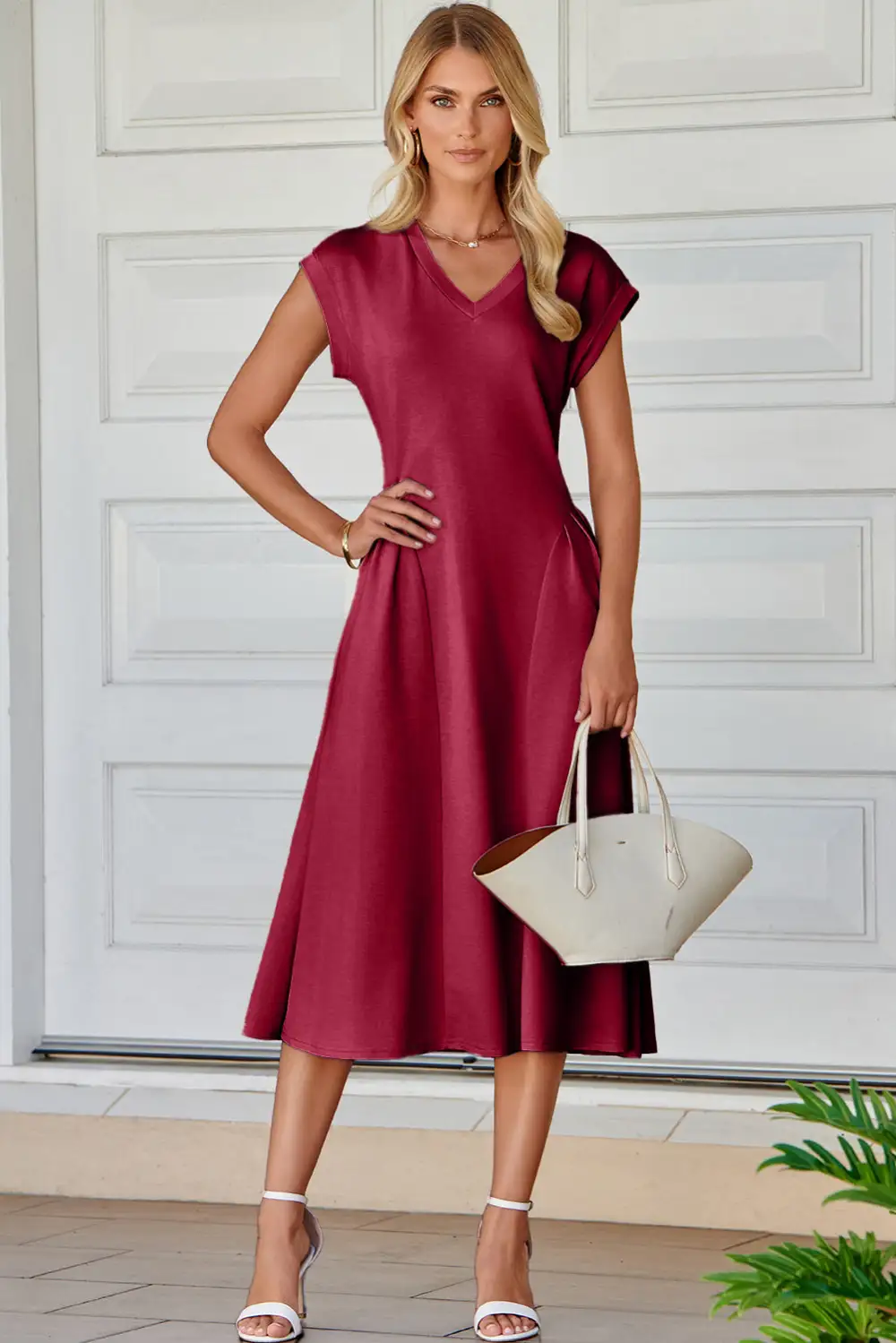 V Neck Pleated Flared Midi Dress