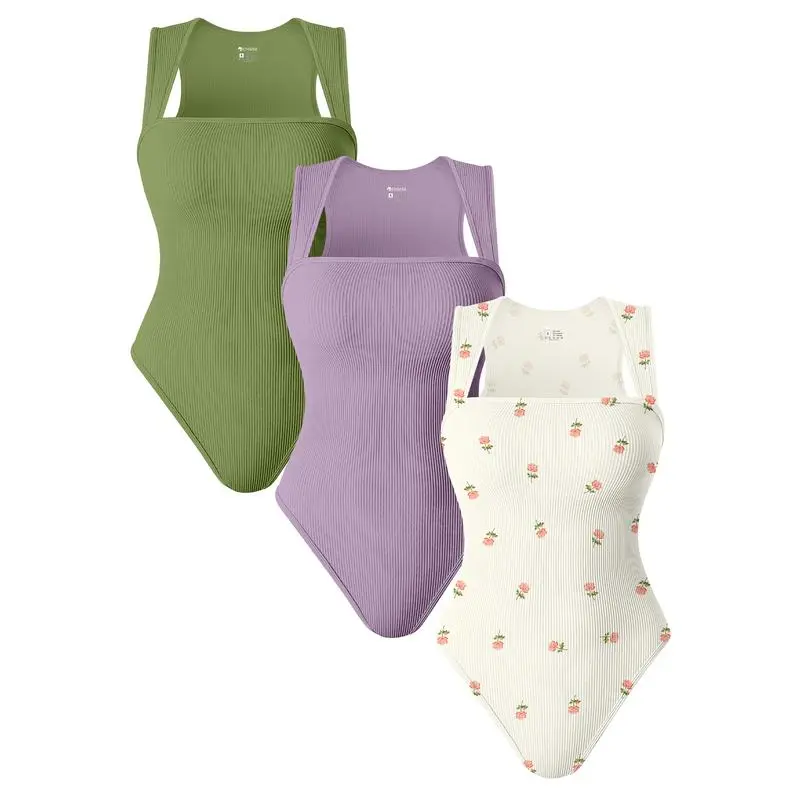 Womenswear 3 Piece Bodysuits Stretchy Underwear Sexy Ribbed Square Neck Sleeveless Stretchy Tank Tops Bodysuits Soft Lady