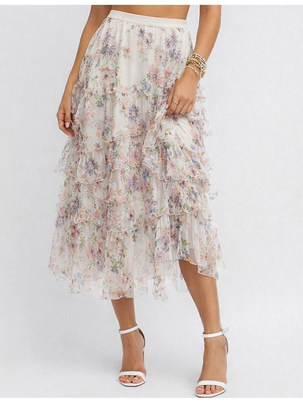 Faux Pearl Elastic Waist Tulle Maxi Skirt