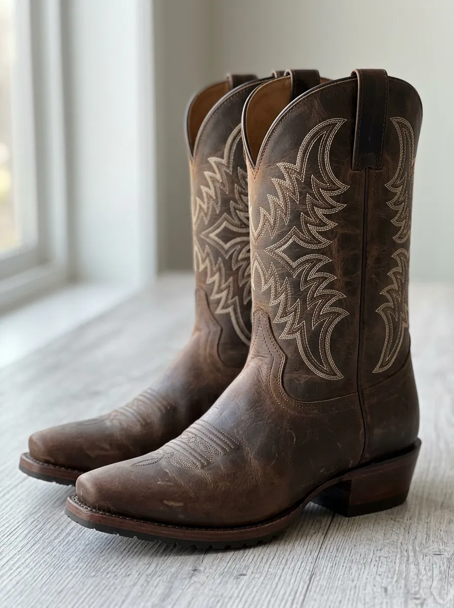 Men's Western Contrast-Embroidery Square-Toe Mid-Calf Pull-Tab Vamp-Stitch Cowboy Boots