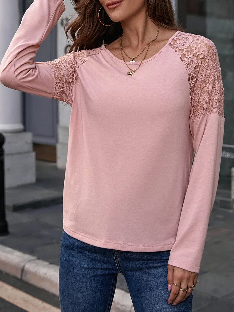 Lace Trim Round Neck Raglan Sleeve T-Shirt