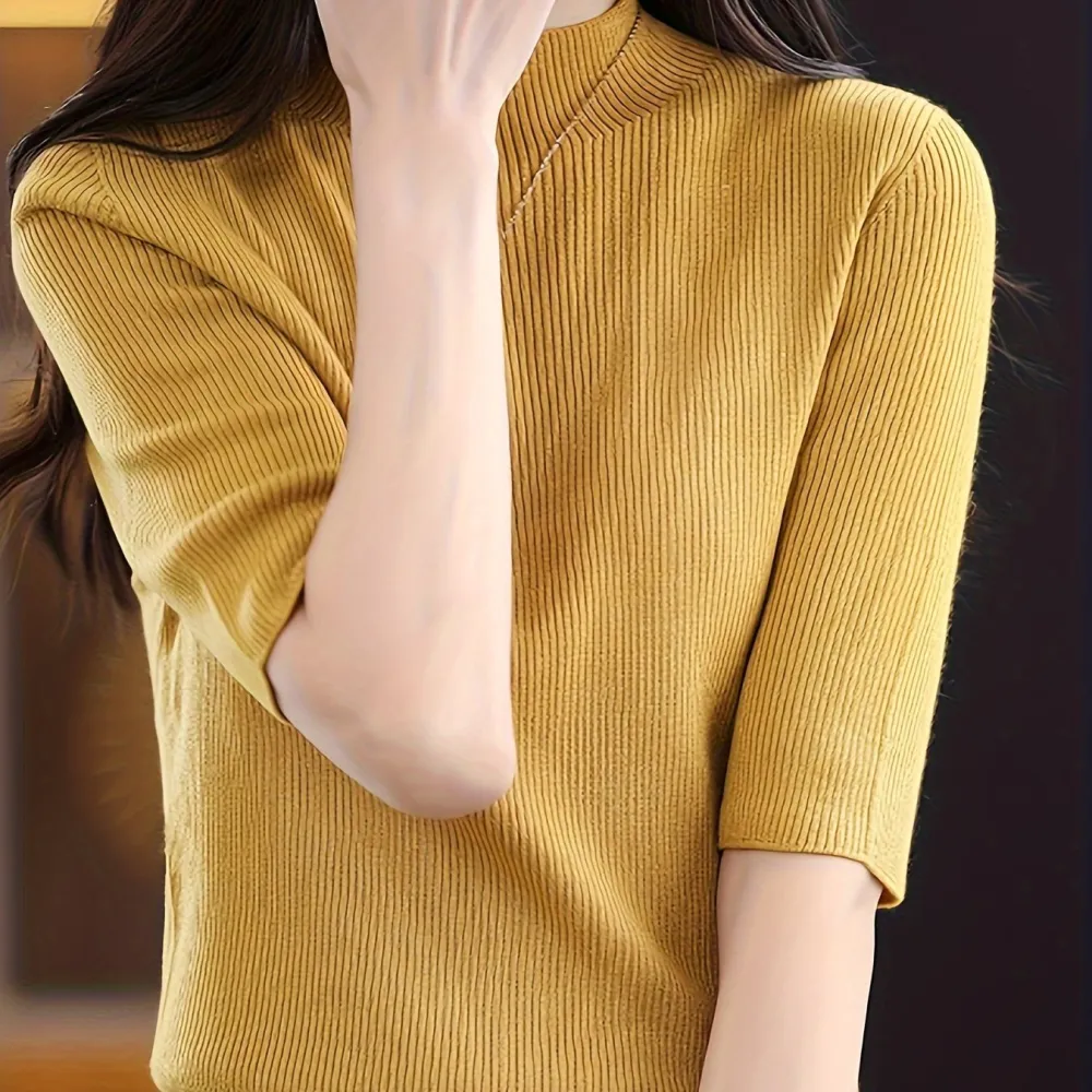 Mock Neck Knitted Top Casual Short Sleeve