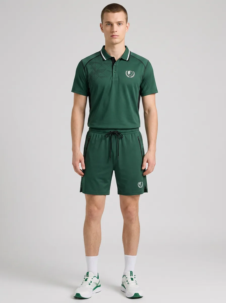 Men's Sporty Geometric Shield Printed Polo Shirt and Shorts Set