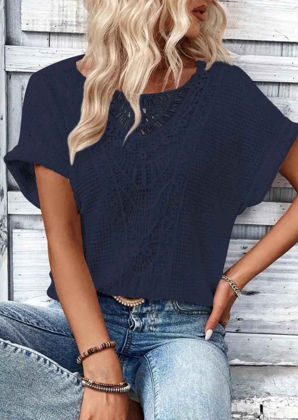 Refined Short-Sleeve Lace-Detail Knit T-Shirt