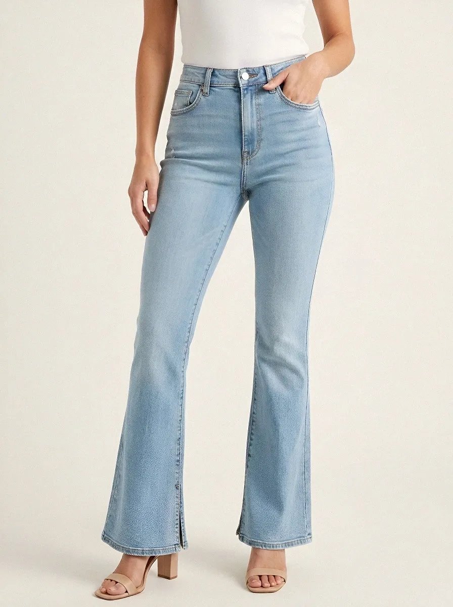 High-Waist Split-Hem Vintage-Wash Women's High-Waist Stretch Flare Jeans