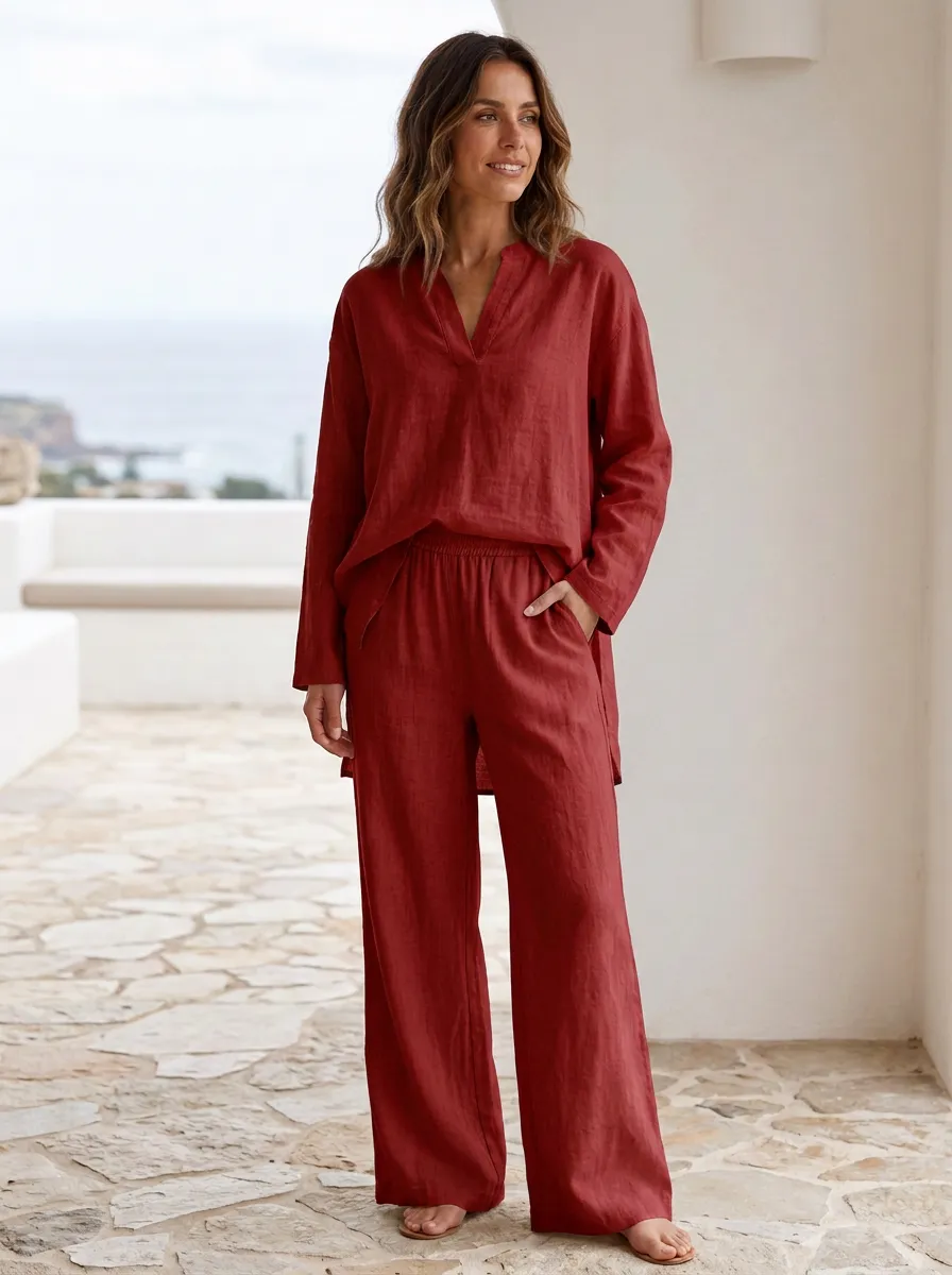 Soft-Structure Cotton-Linen Long-Sleeve Lounge Set