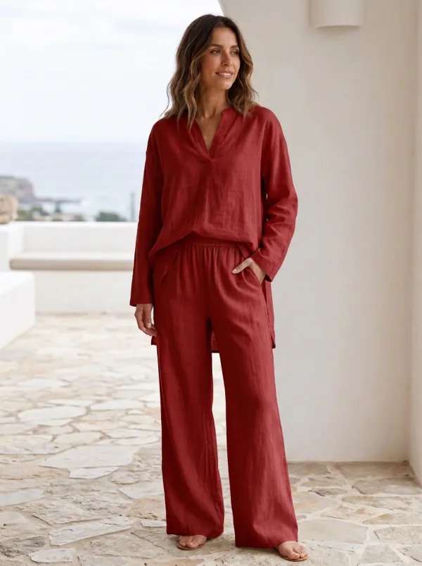 Soft-Structure Cotton-Linen Long-Sleeve Lounge Set
