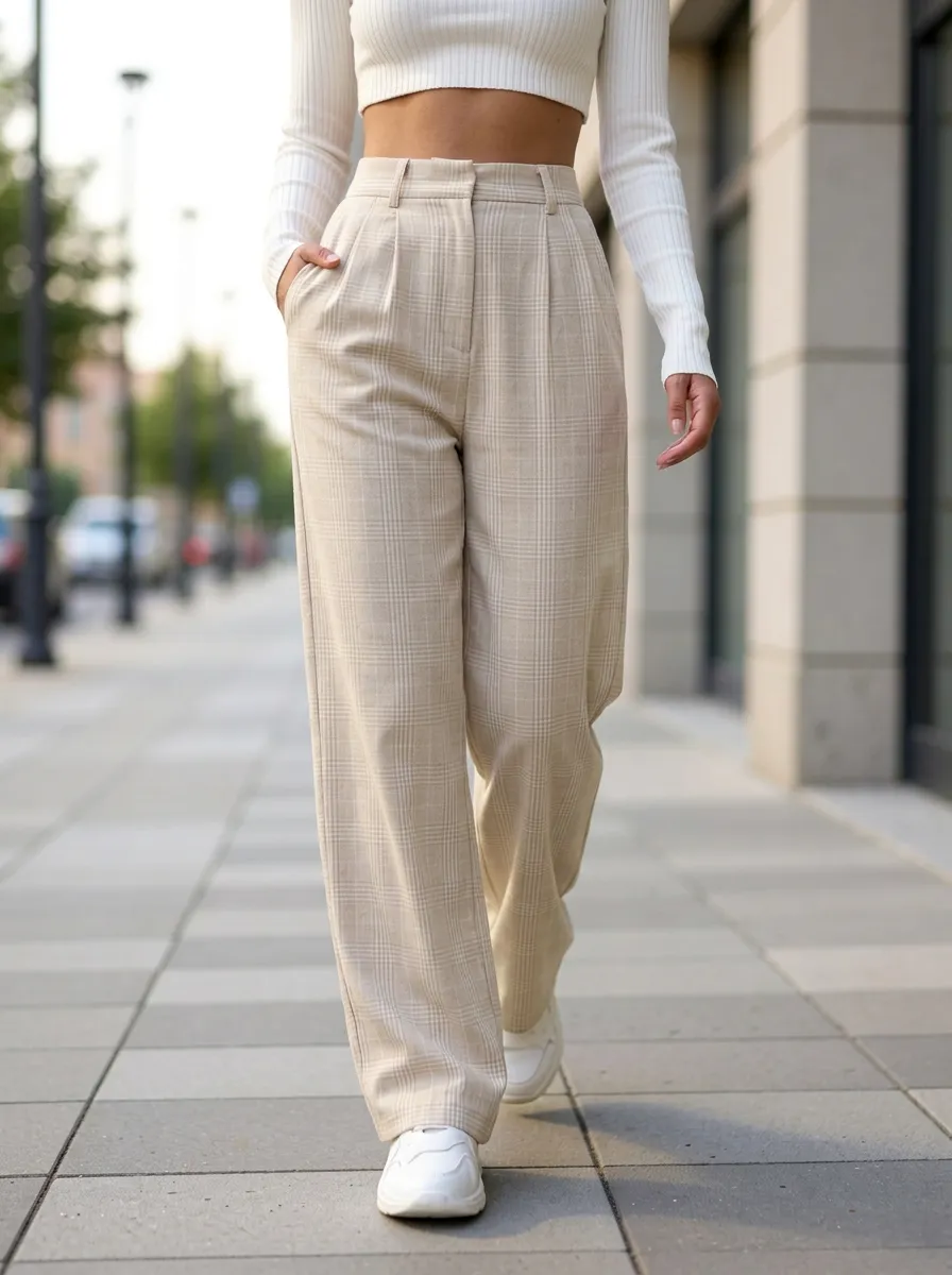 Women's Casual Plaid Pattern High-Waisted Wide-Leg Trousers