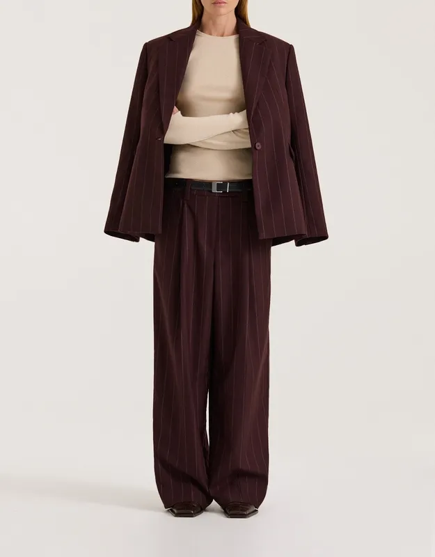 Burgundy Pinstripe Oversized Single-Breasted Blazer
