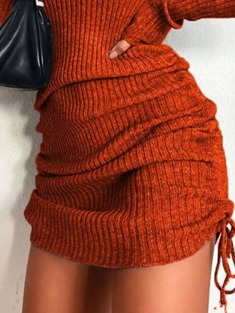 Ribbed Knit Drawstring Sweater Dress
