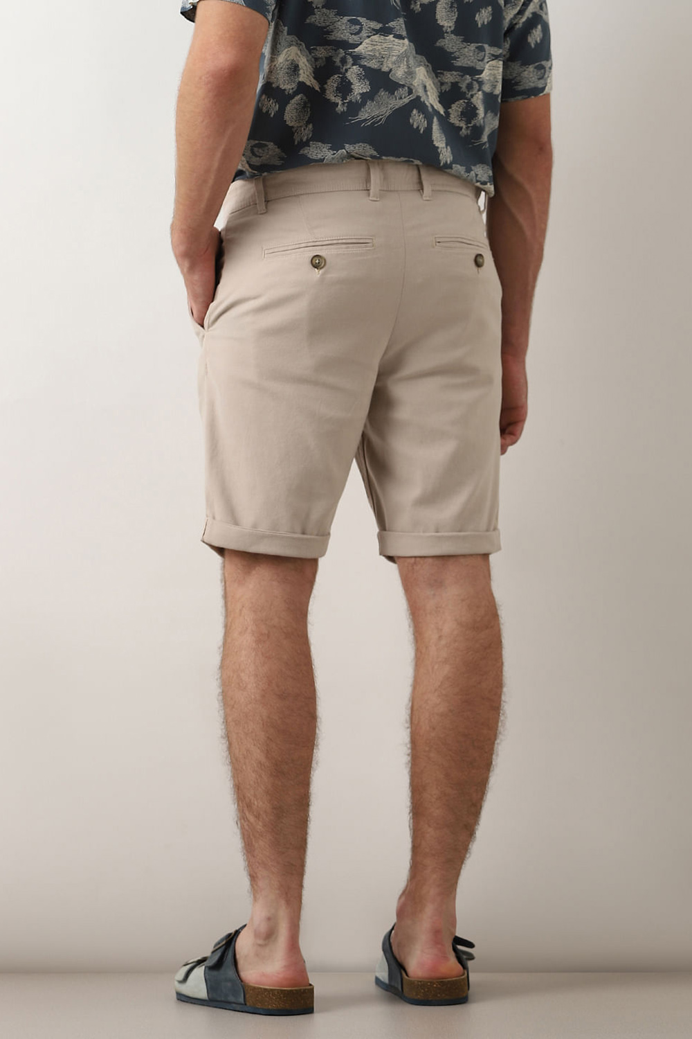 Beige Mid Rise Cotton Shorts