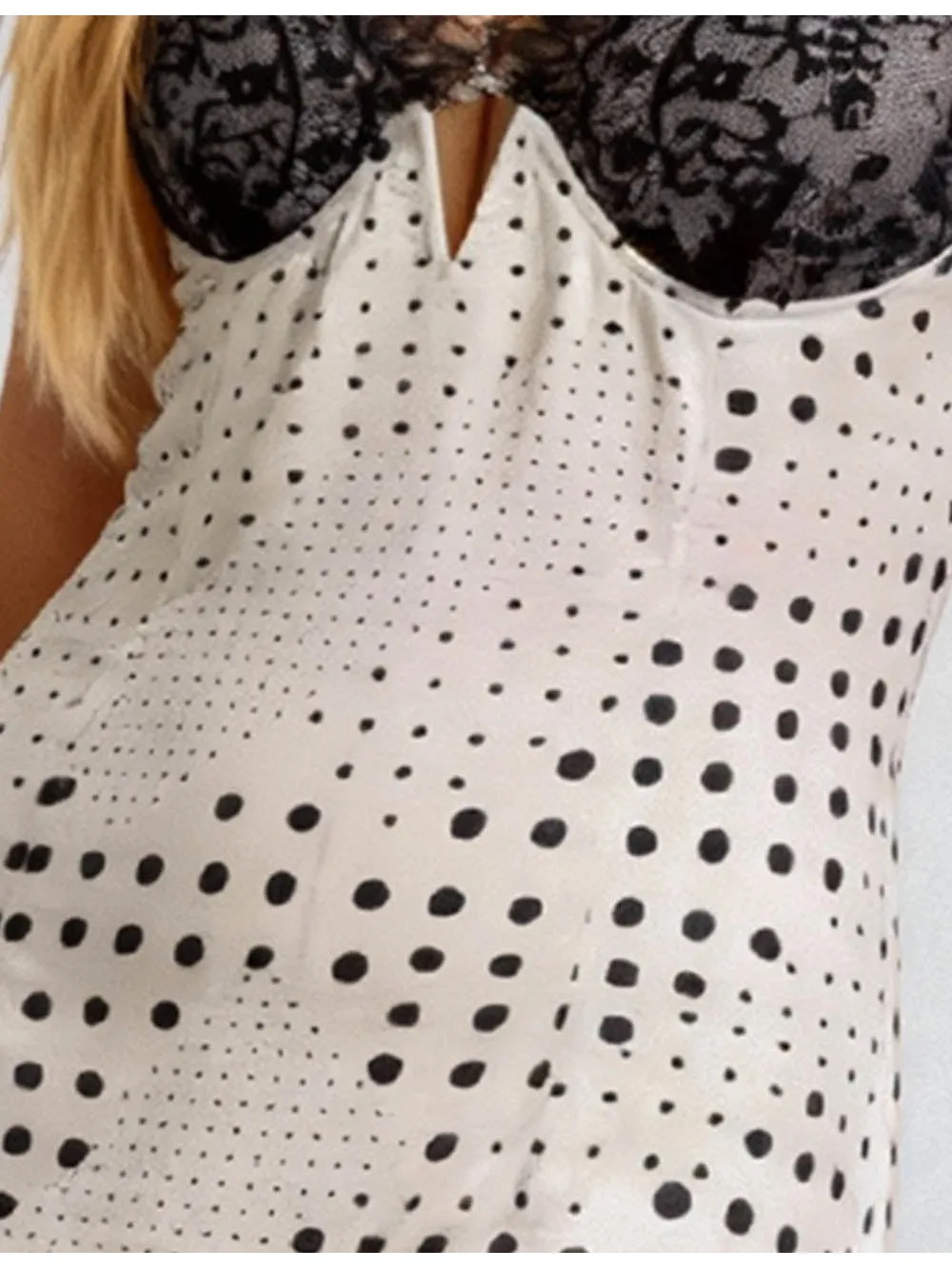 V Neck Lace Trim Polka Dot Mini Dress