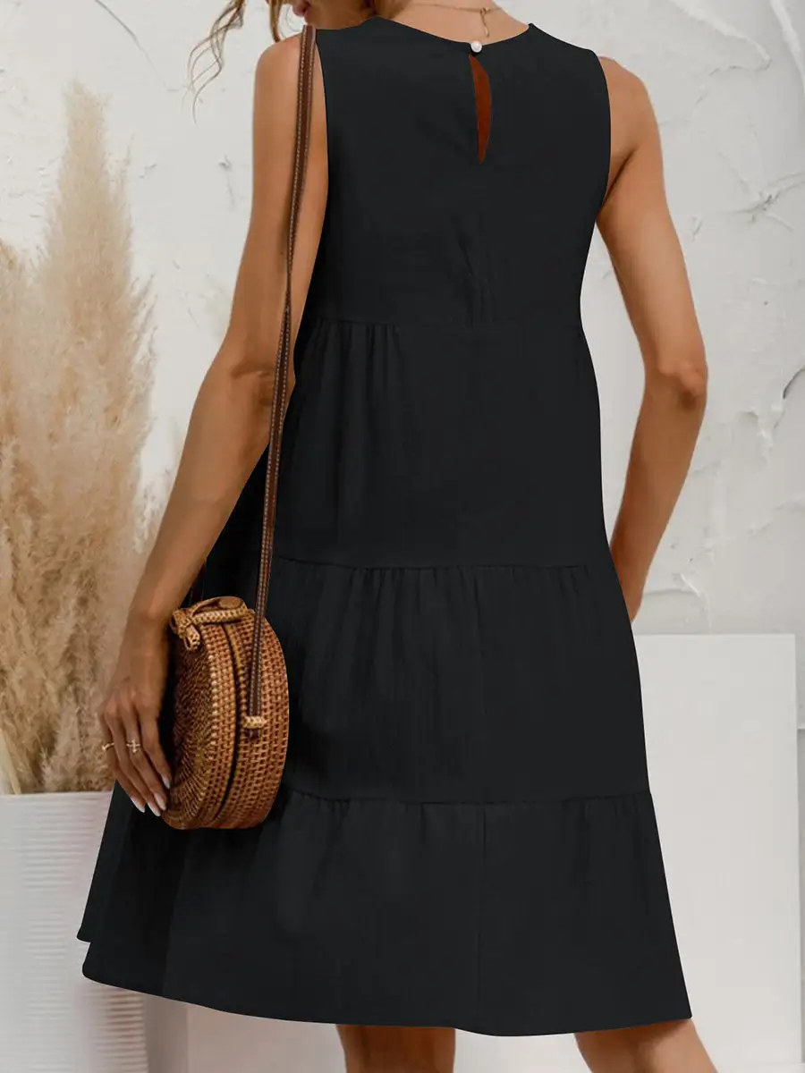 A Line Relaxed Pleated Solid Color Tiered Round Neck Mini Dress