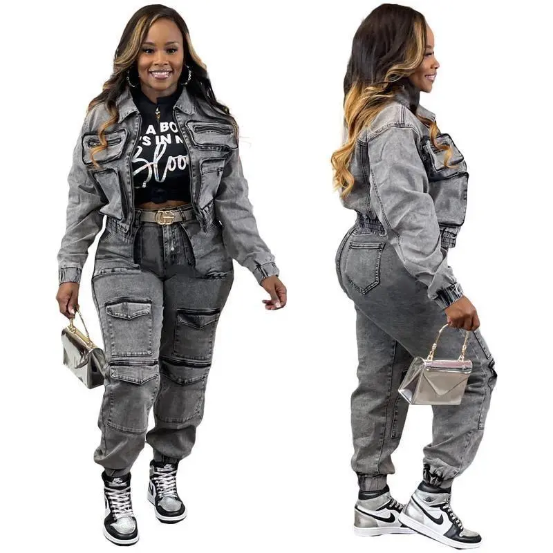 Two-Piece Women's Fashion Sexy High Elastic Multi-Pocket Washed Denim Casual Set