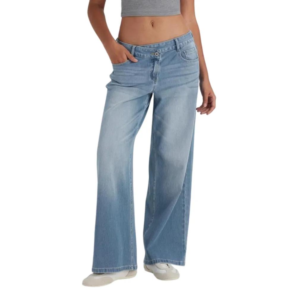 Asymmetric Low Rise Zipper Pockets Baggy Wide Leg Washed Casual Jeans