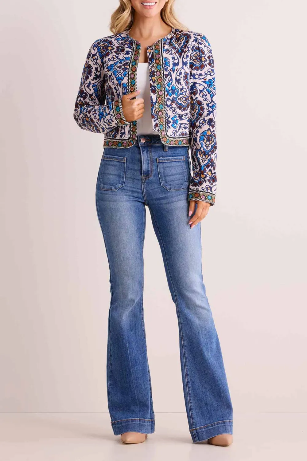 Multicolored Patterned Trim Cropped Jacket