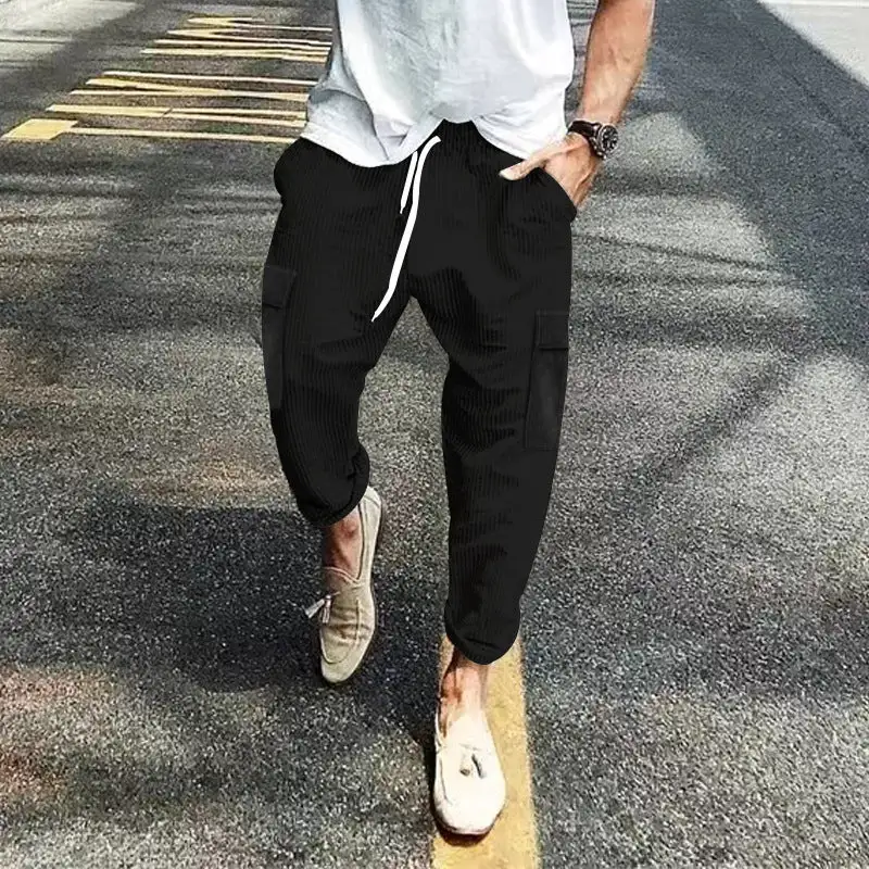 Men's Corduroy Cargo Pants Waistband Pockets Leg Cargo Pants
