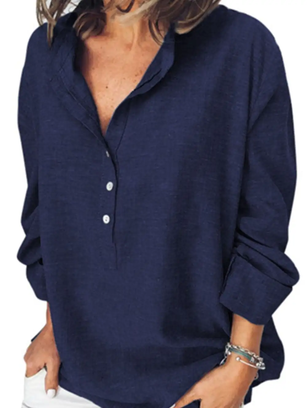 Button Detail Loose Long-Sleeved Shirt