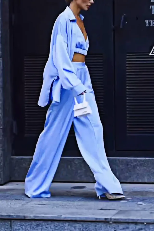 8PACK-Solid Color Silk Fabric Tank Top and Shirt and Pants Three Piece Set