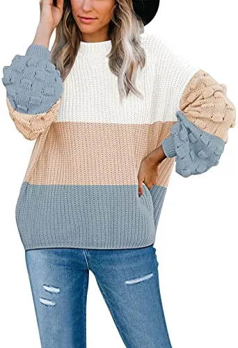 Women's Cute Oversized Crewneck Loose Puff Sleeves Chunky Knit Pullover Sweater