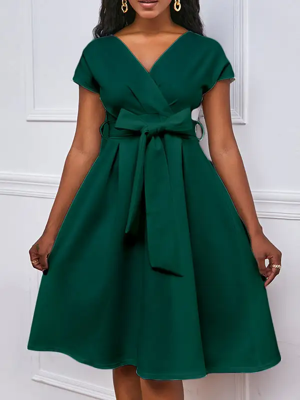 Bowknot Lace Up Solid Color V Neck Midi Dress