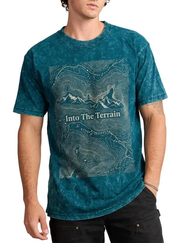 Men's Acid Wash Adventure Ridge Outdoor Hiking Into The Terrain Topographic Map Graphic T-Shirt