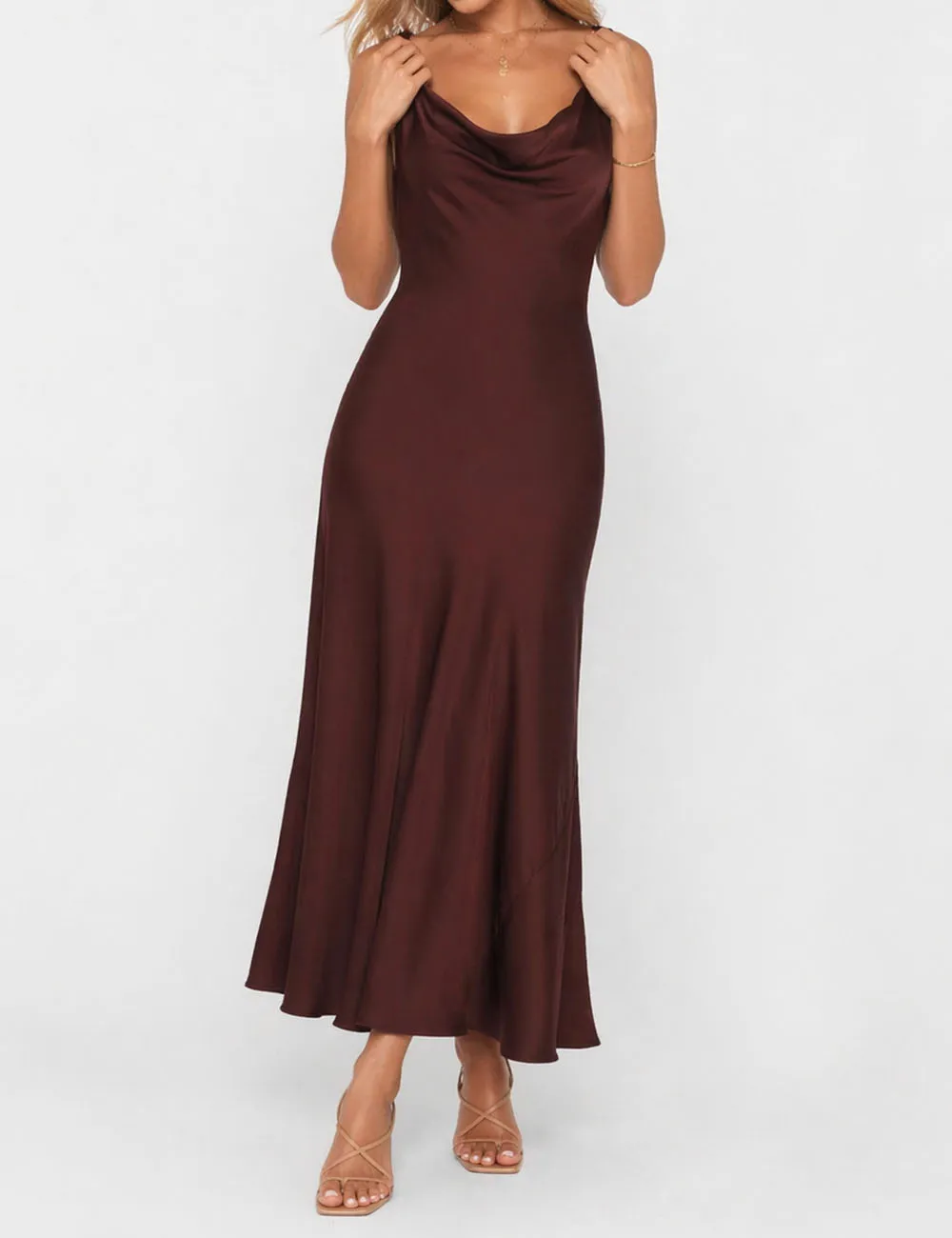 Chic Satin Cowl Neck Sleeveless Back Midi Dress