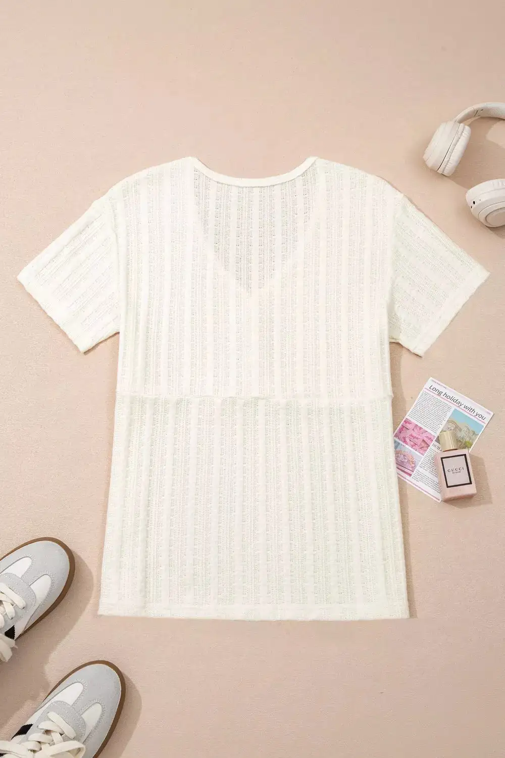 Ribbed Knit Button Detail V Neck T