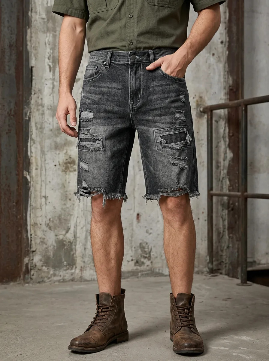 Men's Denim Zip Fly Ripped Denim Shorts