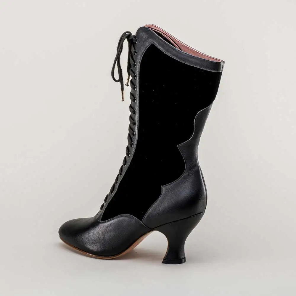 Faux-Leather Lace-Up Patchwork Spool-Heel Mid-Calf Boots