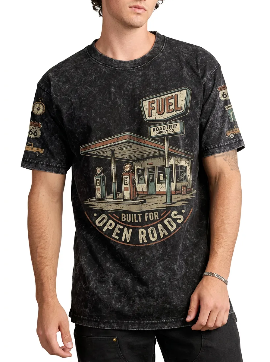 Men's Road Trip Lover Gas Station Route 66 Printed T-shirt
