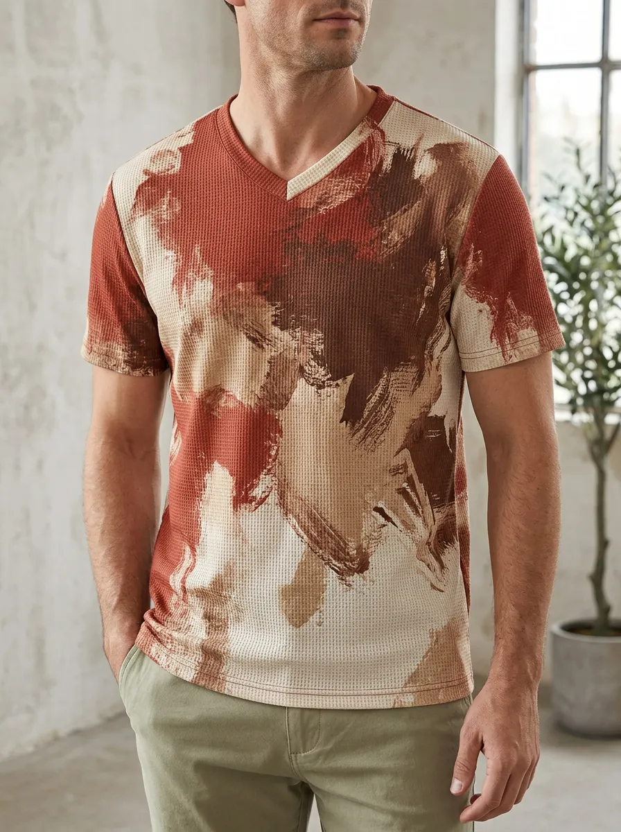 Men's Expressive Abstract Brushstroke Waffle Knit V-Neck T-Shirt