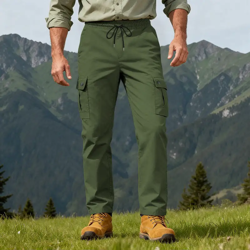Men's Robust Leisure Cargo Pants with Elastic Waistband Drawstring and Multiple Pockets