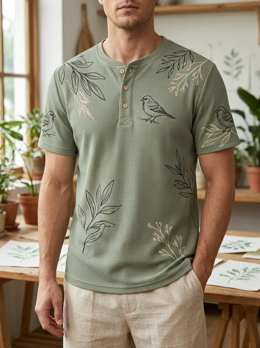 Men's Classic Nature Lover Bird and Leaf Motif Henley T-Shirt