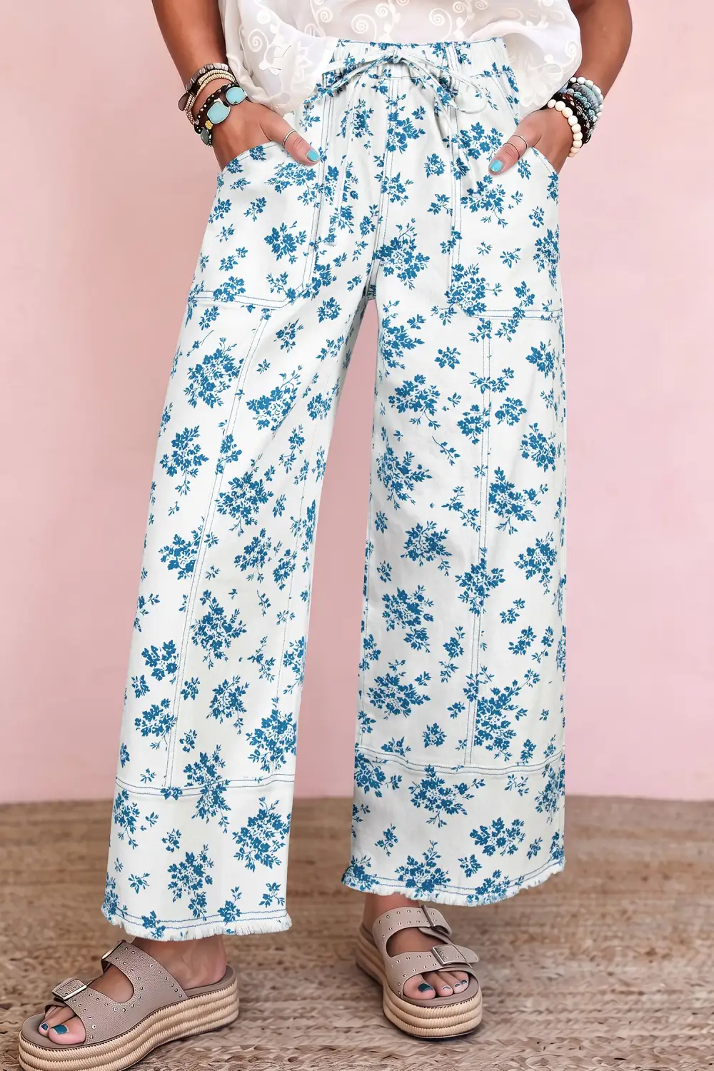 Tie-Waist Floral-Print Straight Leg Jeans