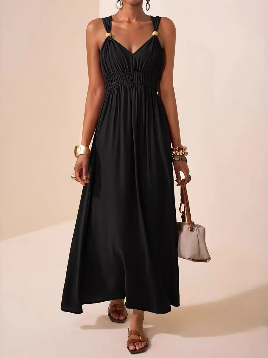 Spaghetti Pleated Neck Maxi Dress