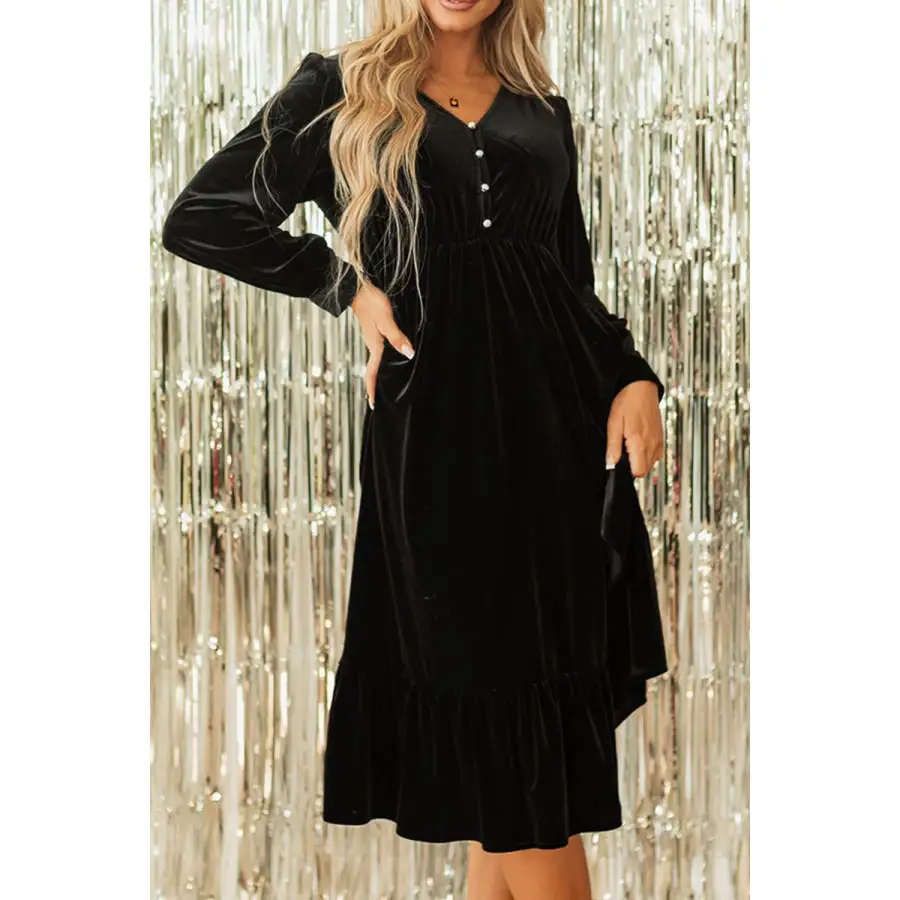 Ruffle Hem Slit V Neck Long Sleeve Dress