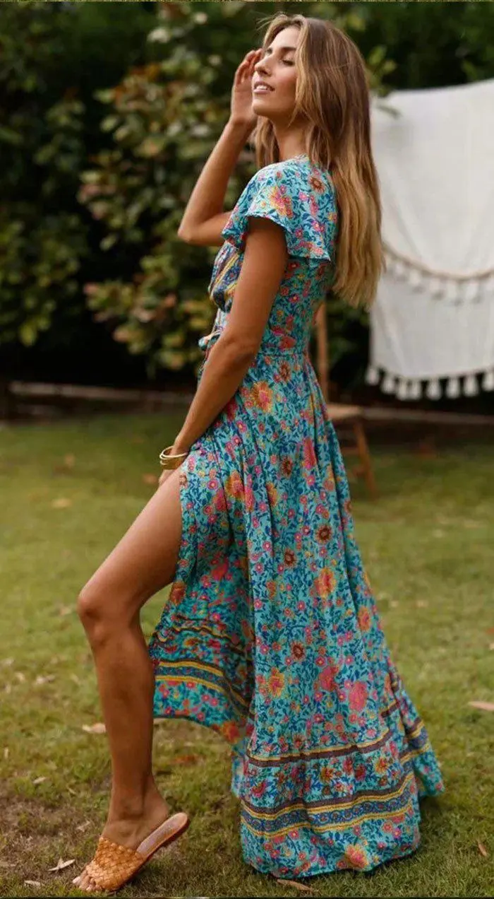 Short Sleeve Boho Floral High Split Maxi Dress