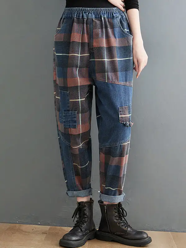 Artistic Retro Plaid Relaxed Fit Harem Elastic Waist Jeans