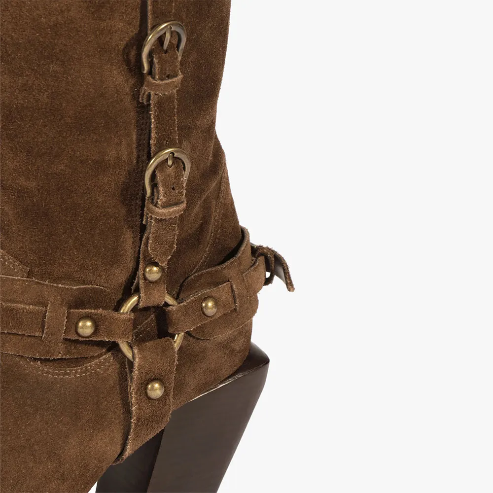 Faux-Suede Buckle-Detail Pointed-Toe Block-Heel Knee-Length Western Boots