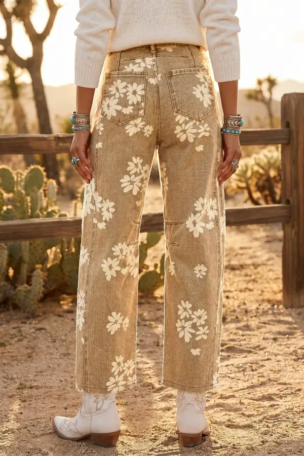Refined Floral-Print Straight Leg Jeans