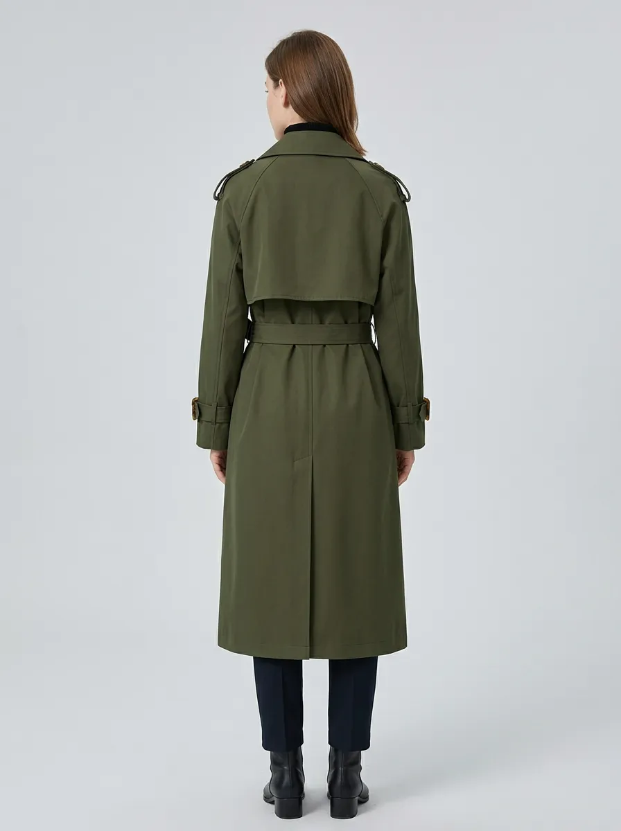 Women's Classic Military Olive Double-Breasted Belted Trench Coat